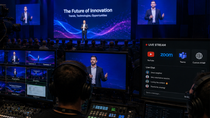 Live-Streaming & Recording — multi-camera control room with LED screens showing live event broadcast and streaming software