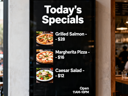 Digital Menu Boards — restaurant menu display showing today's specials with food images and pricing