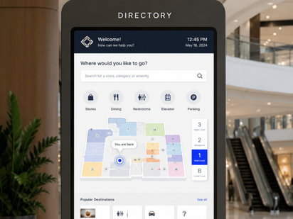 Wayfinding & Directory — interactive mall directory kiosk with digital map and store locations